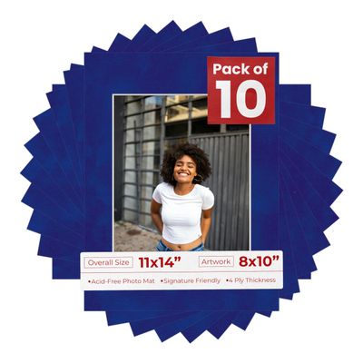 Poster Palooza Pack of Ten 11x14 Mats Bevel Cut for 8x10 Photos - Acid Free Royal Blue Suede Precut Matboards for Pictures, Photos, Framing - 4-ply Thickness