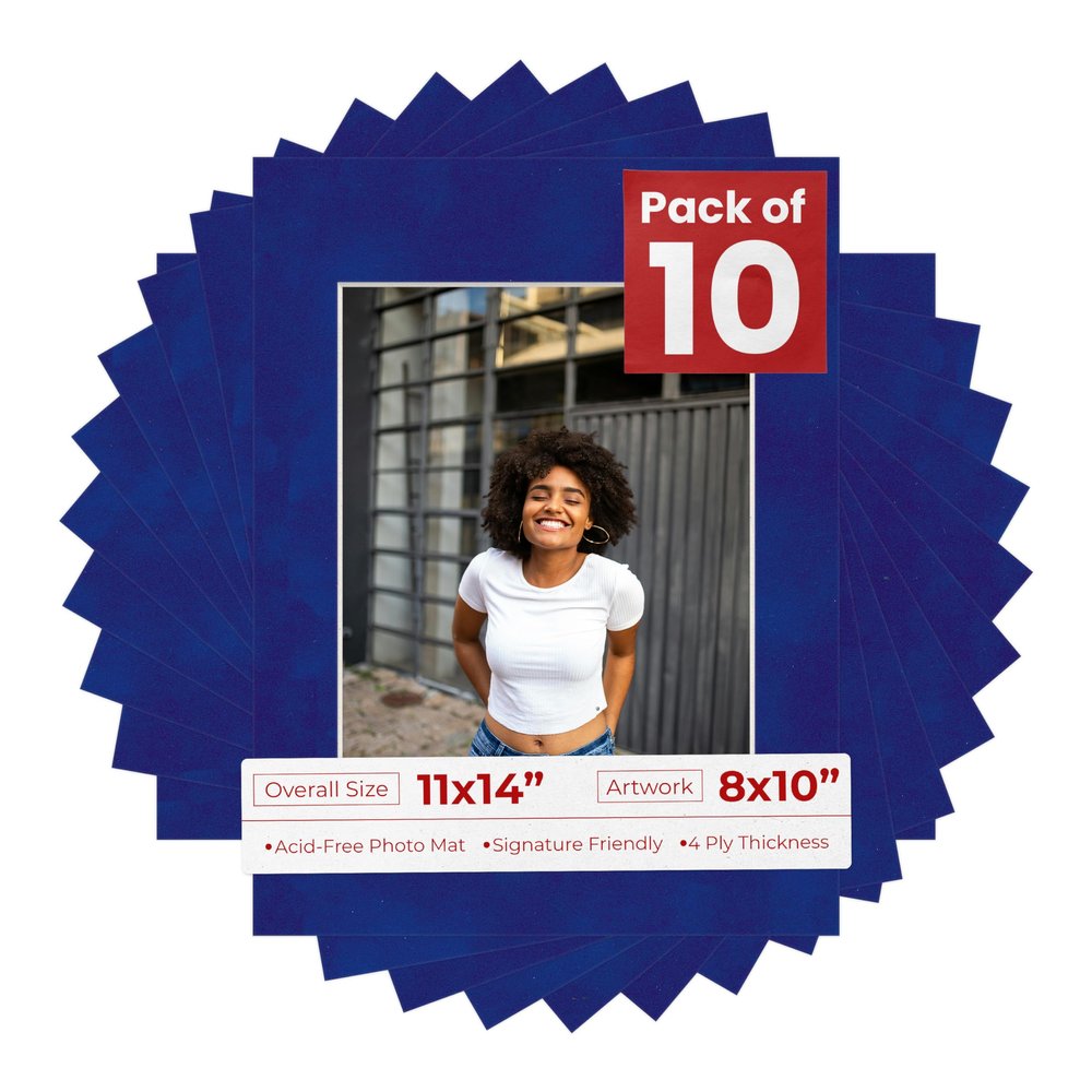 Poster Palooza Pack of Ten 11x14 Mats Bevel Cut for 8x10 Photos - Acid Free Royal Blue Suede Precut Matboards for Pictures, Photos, Framing - 4-ply Thickness