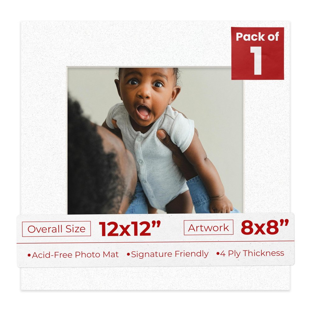 12x12 Mat Bevel Cut for 8x8 Photos - Acid Free Oyster Shell White Precut Matboard With Backing Board and Crystal Clear, Self Seal Photo Mat Bag - For Pictures, Photos, Framing - 4-ply Thickness