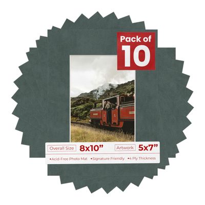 Poster Palooza Pack of TEN 8x10 Mats Bevel Cut for 5x7 Photos - Acid Free Dark Grey Suede Precut Matboards For Pictures, Photos, Framing - 4-ply Thickness