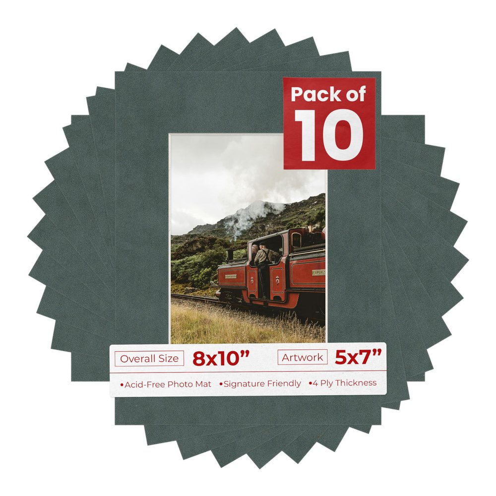Poster Palooza Pack of TEN 8x10 Mats Bevel Cut for 5x7 Photos - Acid Free Dark Grey Suede Precut Matboards For Pictures, Photos, Framing - 4-ply Thickness