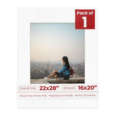 Poster Palooza 22x28 Mat Bevel Cut for 16x20 Photos - Acid Free White with Black Core Precut Matboard - For Pictures, Photos, Framing - 4-ply Thickness