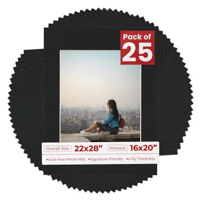 Poster Palooza Pack of 25 Acid Free 22x28 Mats Bevel Cut for 16x20 Photos - Black Suede Precut Matboards With Backing Boards and Clear Photo Mat Bags For Pictures, Photos, Framing - 4-ply Thickness