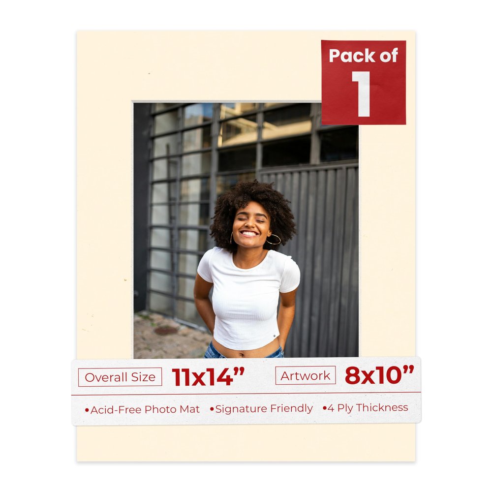 Poster Palooza 11x14 Mat Bevel Cut for 8x10 Photos - Acid Free Cream Precut Matboard With Backing Board and Crystal Clear, Self Seal Photo Mat Bag - For Pictures, Photos, Framing - 4-ply Thickness