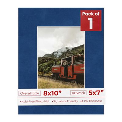 8x10 Mat Bevel Cut for 5x7 Photos - Acid Free Brooke Blue Suede Precut Matboard With Backing Board and Crystal Clear, Self Seal Photo Mat Bag - For Pictures, Photos, Framing - 4-ply Thickness