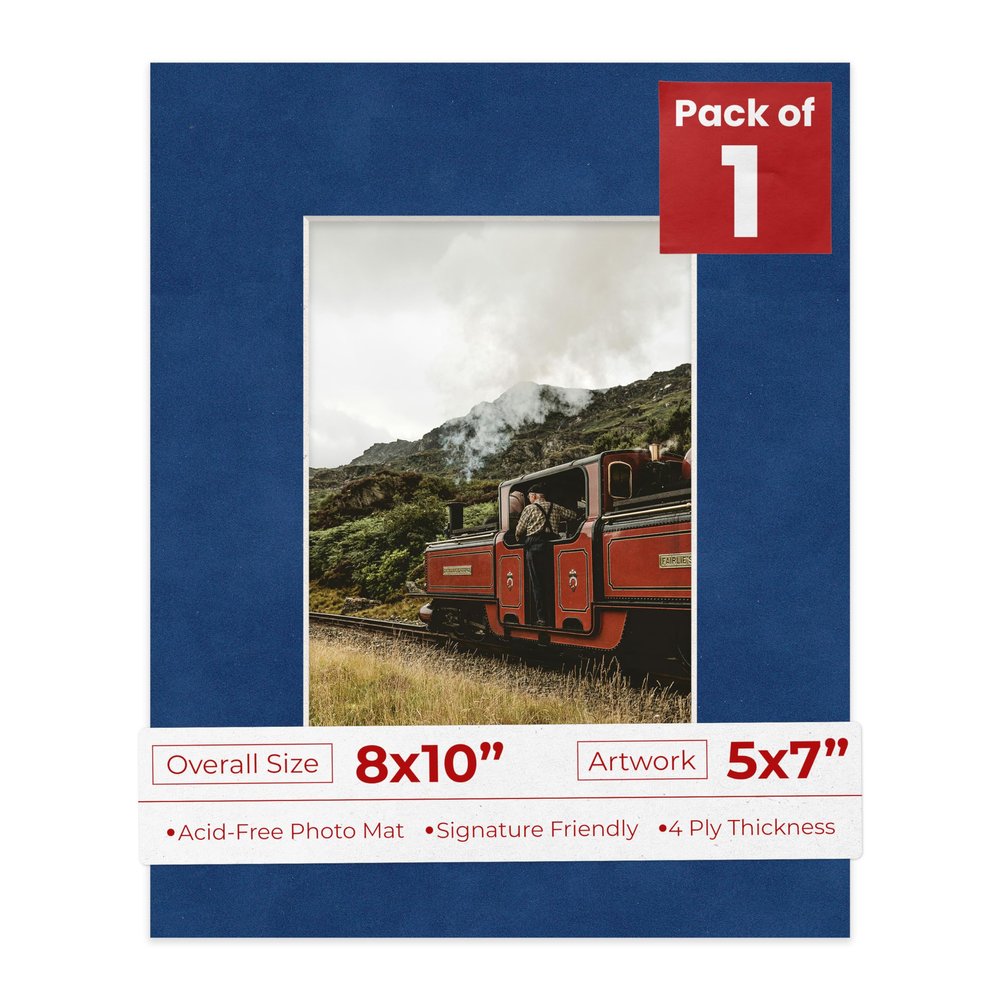8x10 Mat Bevel Cut for 5x7 Photos - Acid Free Brooke Blue Suede Precut Matboard With Backing Board and Crystal Clear, Self Seal Photo Mat Bag - For Pictures, Photos, Framing - 4-ply Thickness