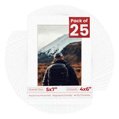 Pack of 25 Acid Free 5x7 Mats Bevel Cut for 4x6 Photos - Oyster Shell White Precut Matboards With Backing Boards and Clear Photo Mat Bags For Pictures, Photos, Framing - 4-ply Thickness