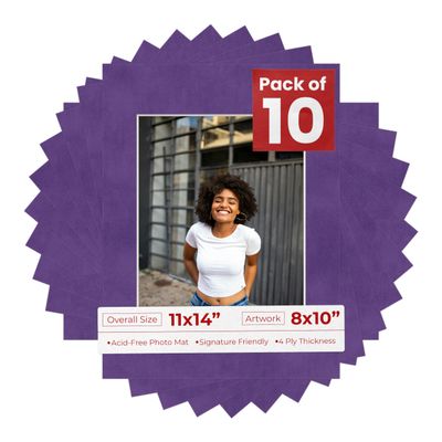 Poster Palooza Pack of Ten 11x14 Mats Bevel Cut for 8x10 Photos - Acid Free Purple Crocus Suede Precut Matboards for Pictures, Photos, Framing - 4-ply Thickness