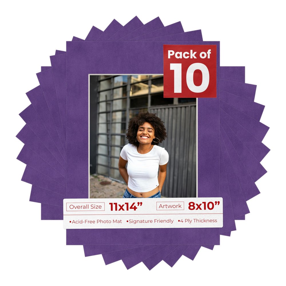 Poster Palooza Pack of Ten 11x14 Mats Bevel Cut for 8x10 Photos - Acid Free Purple Crocus Suede Precut Matboards for Pictures, Photos, Framing - 4-ply Thickness