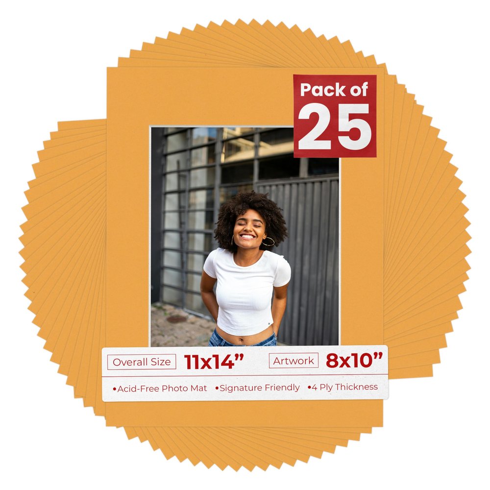 Poster Palooza Pack of 25 Acid Free 11x14 Mats Bevel Cut for 8x10 Photos - Golden Orange Precut Matboards with Backing Boards and Clear Photo Mat Bags for Pictures, Photos, Framing - 4-ply Thickness