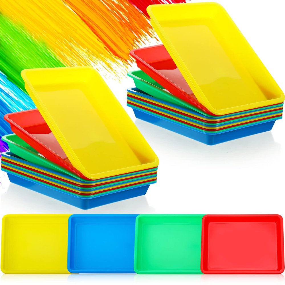 Jetec 24 Pcs Multicolor Plastic Art Trays 10.9 x 8.4 Inch Classroom Activity Crafts Trays Art Serving Organizer Bulk for School Teacher Supplies Painting Beads Storage DIY Projects Educational Use