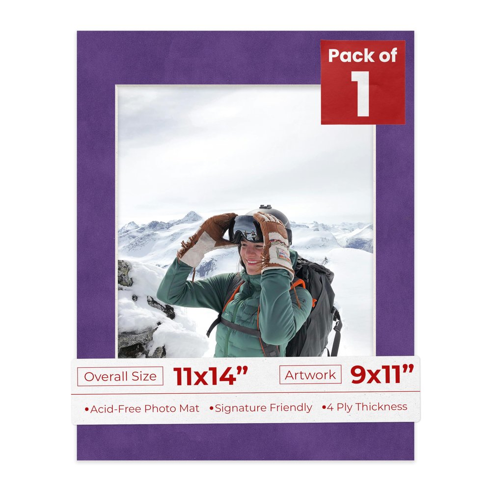 11x14 Mat Bevel Cut for 9x11 Photos - Acid Free Purple Crocus Suede Precut Matboard With Backing Board and Crystal Clear, Self Seal Photo Mat Bag - For Pictures, Photos, Framing - 4-ply Thickness