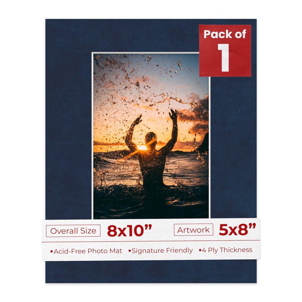 Poster Palooza 8x10 Mat Bevel Cut for 5x8 Photos - Acid Free Navy Suede Precut Matboard - For Pictures, Photos, Framing - 4-ply Thickness