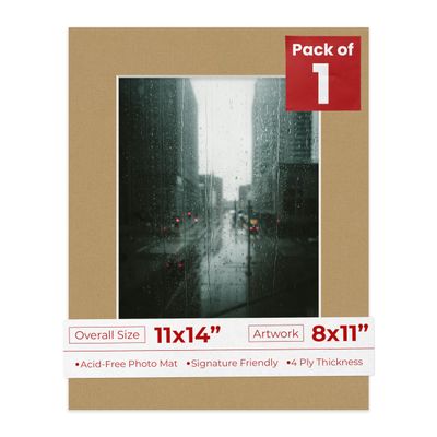 11x14 Mat Bevel Cut for 8x11 Photos - Acid Free Rattan Beige Precut Matboard With Backing Board and Crystal Clear, Self Seal Mat Bag - For Pictures, Framing - 4-ply Thickness