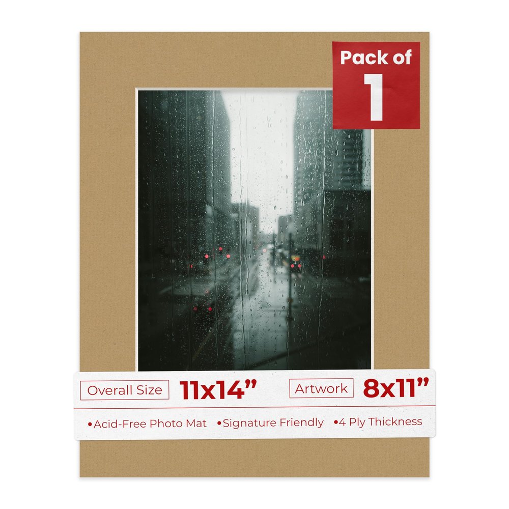 11x14 Mat Bevel Cut for 8x11 Photos - Acid Free Rattan Beige Precut Matboard With Backing Board and Crystal Clear, Self Seal Mat Bag - For Pictures, Framing - 4-ply Thickness