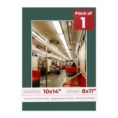 10x14 Mat Bevel Cut for 8x11 Photos - Acid Free Forest Green Precut Matboard With Backing Board and Crystal Clear, Self Seal Photo Mat Bag - For Pictures, Photos, Framing - 4-ply Thickness