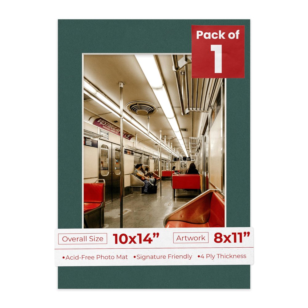 10x14 Mat Bevel Cut for 8x11 Photos - Acid Free Forest Green Precut Matboard With Backing Board and Crystal Clear, Self Seal Photo Mat Bag - For Pictures, Photos, Framing - 4-ply Thickness