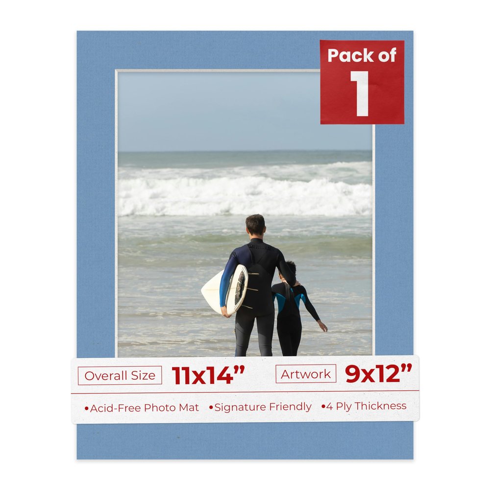 11x14 Mat Bevel Cut for 9x12 Photos - Acid Free Brittany Blue Precut Matboard With Backing Board and Crystal Clear, Self Seal Photo Mat Bag - For Pictures, Photos, Framing - 4-ply Thickness