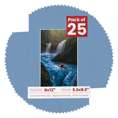 Pack of 25 Acid Free 8x12 Mats Bevel Cut for 5.5x8.5 Photos - Brittany Blue Precut Matboards for Pictures, Photos, Framing - 4-ply Thickness