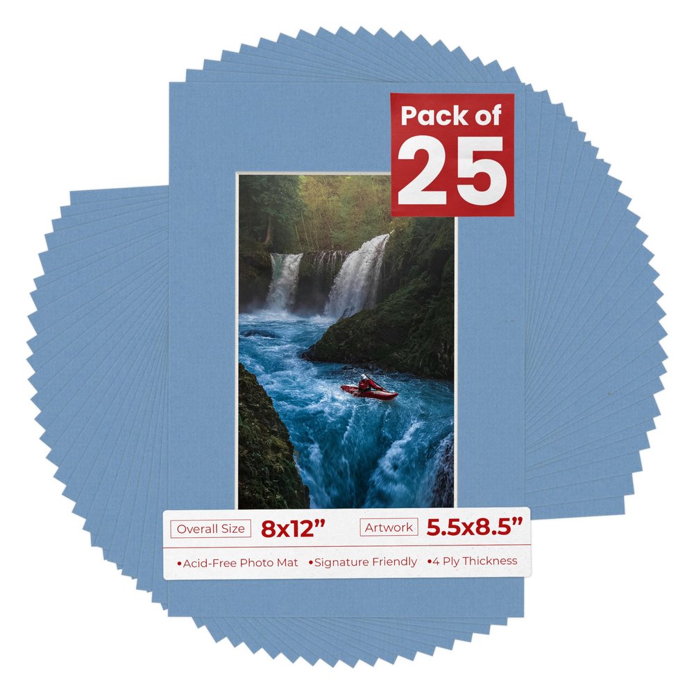 Pack of 25 Acid Free 8x12 Mats Bevel Cut for 5.5x8.5 Photos - Brittany Blue Precut Matboards for Pictures, Photos, Framing - 4-ply Thickness