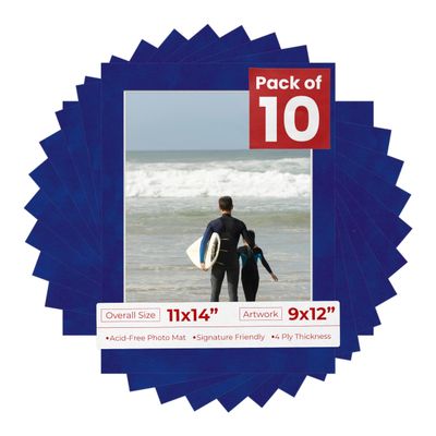 Poster Palooza Pack of TEN 11x14 Mats Bevel Cut for 9x12 Photos - Acid Free Royal Blue Suede Precut Matboards For Pictures, Photos, Framing - 4-ply Thickness