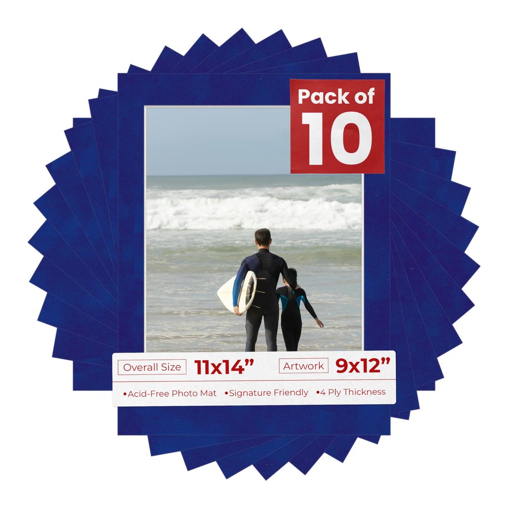 Poster Palooza Pack of TEN 11x14 Mats Bevel Cut for 9x12 Photos - Acid Free Royal Blue Suede Precut Matboards For Pictures, Photos, Framing - 4-ply Thickness