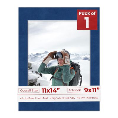 11x14 Mat Bevel Cut for 9x11 Photos - Acid Free Brooke Blue Suede Precut Matboard With Backing Board and Crystal Clear, Self Seal Photo Mat Bag - For Pictures, Photos, Framing - 4-ply Thickness