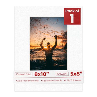 8x10 Mat Bevel Cut for 5x8 Photos - Acid Free Oyster Shell White Precut Matboard With Backing Board and Crystal Clear, Self Seal Photo Mat Bag - For Pictures, Photos, Framing - 4-ply Thickness
