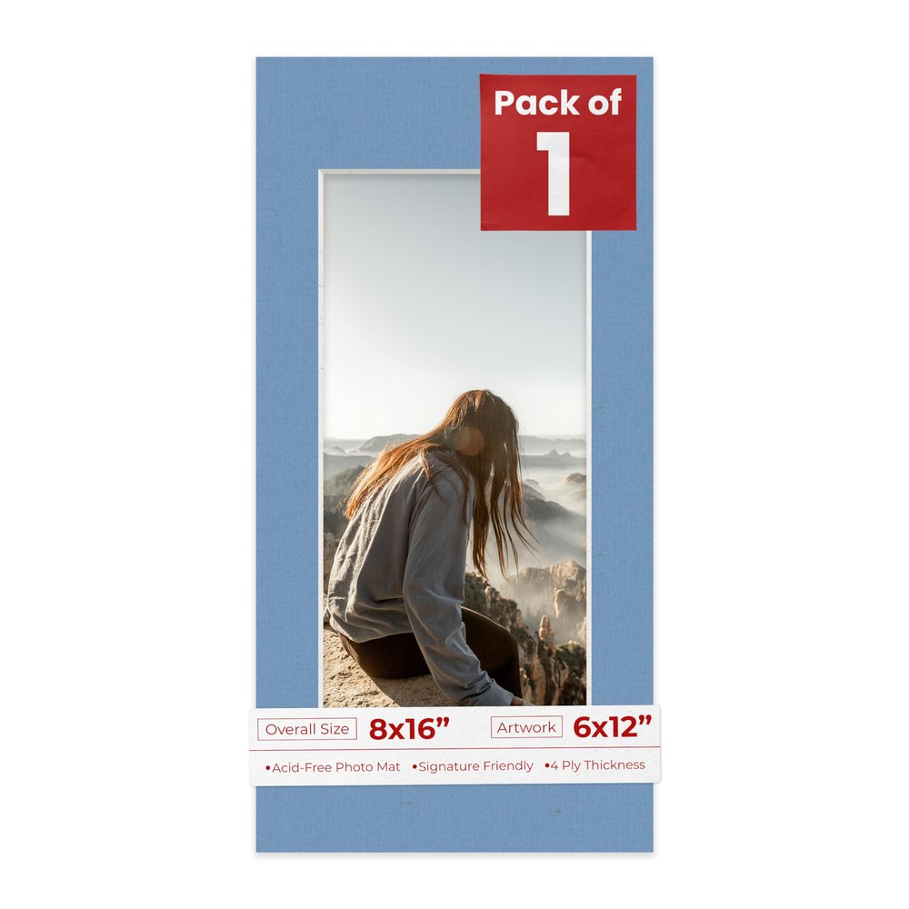 8x16 Mat Bevel Cut for 6x12 Photos - Acid Free Brittany Blue Precut Matboard With Backing Board and Crystal Clear, Self Seal Photo Mat Bag - For Pictures, Photos, Framing - 4-ply Thickness