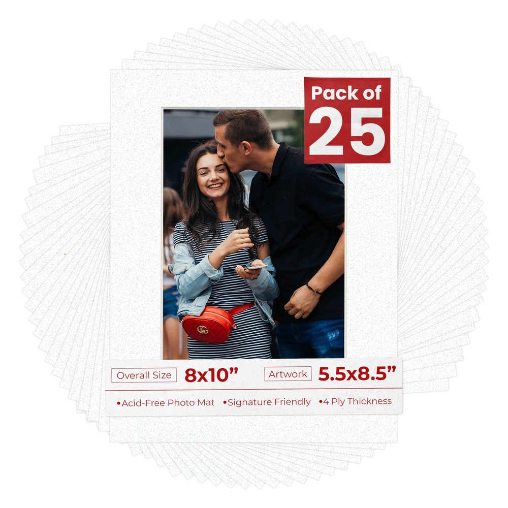 Pack of 25 Acid Free 8x10 Mats Bevel Cut for 5.5x8.5 Photos - Oyster Shell White Precut Matboards With Backing Boards and Clear Photo Mat Bags For Pictures, Photos, Framing - 4-ply Thickness