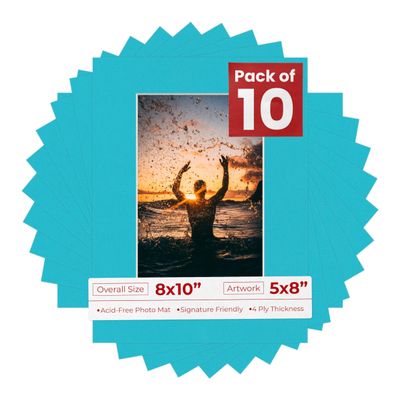 Poster Palooza Pack of TEN 8x10 Mats Bevel Cut for 5x8 Photos - Acid Free Aquamarine Blue Precut Matboards For Pictures, Photos, Framing - 4-ply Thickness