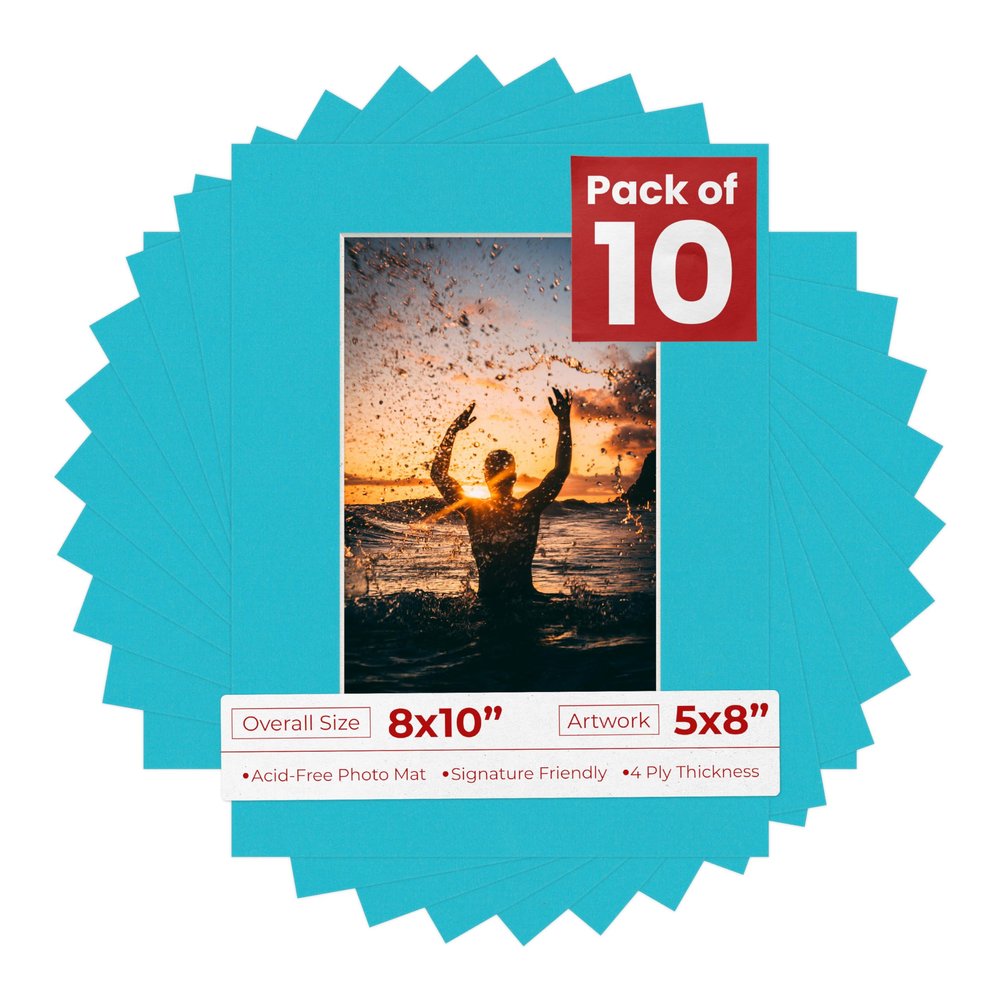 Poster Palooza Pack of TEN 8x10 Mats Bevel Cut for 5x8 Photos - Acid Free Aquamarine Blue Precut Matboards For Pictures, Photos, Framing - 4-ply Thickness