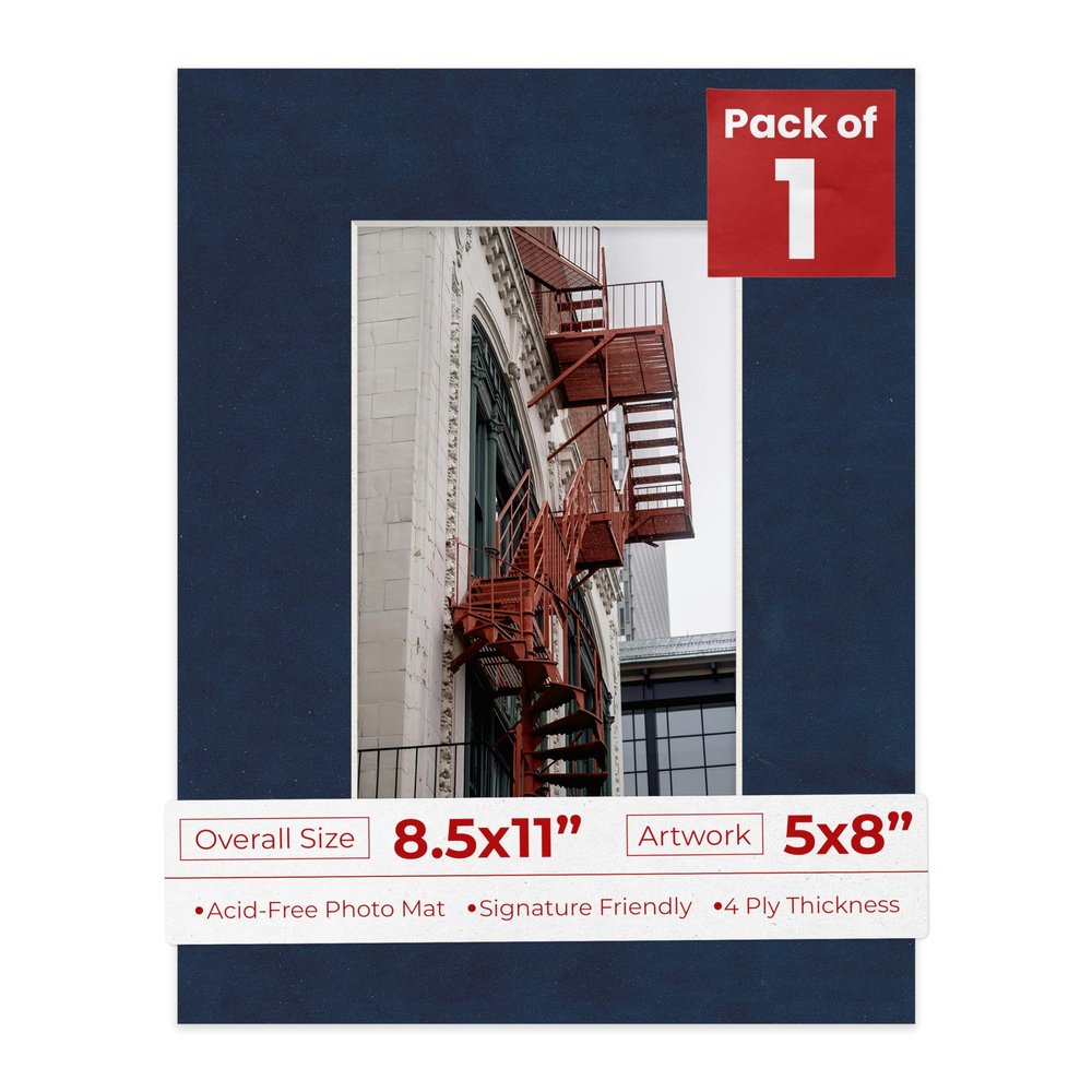 Poster Palooza 8.5x11 Mat Bevel Cut for 5x8 Photos - Acid Free Navy Suede Precut Matboard - For Pictures, Photos, Framing - 4-ply Thickness