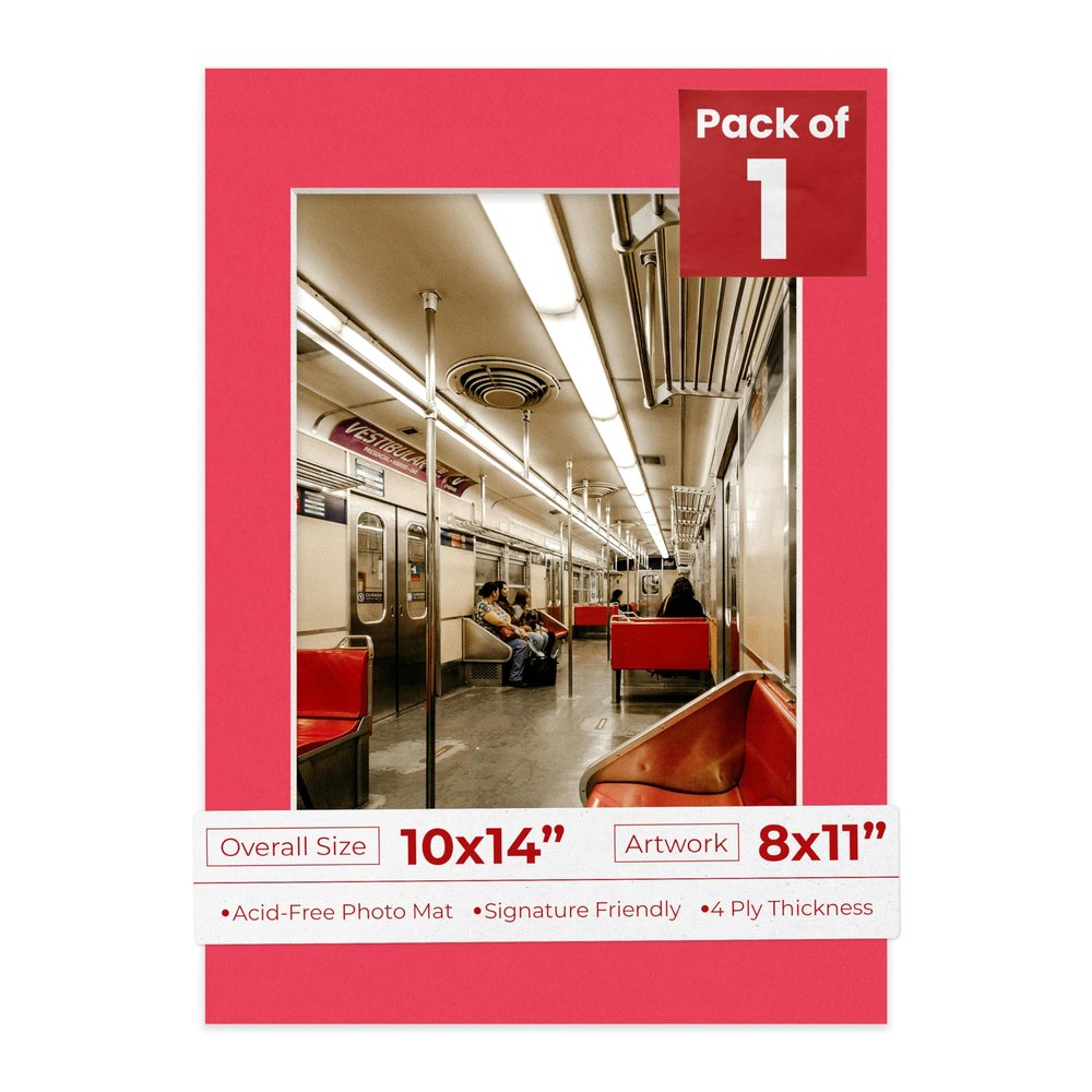 10x14 Mat Bevel Cut for 8x11 Photos - Acid Free Cardinal Red Precut Matboard With Backing Board and Crystal Clear, Self Seal Photo Mat Bag - For Pictures, Photos, Framing - 4-ply Thickness