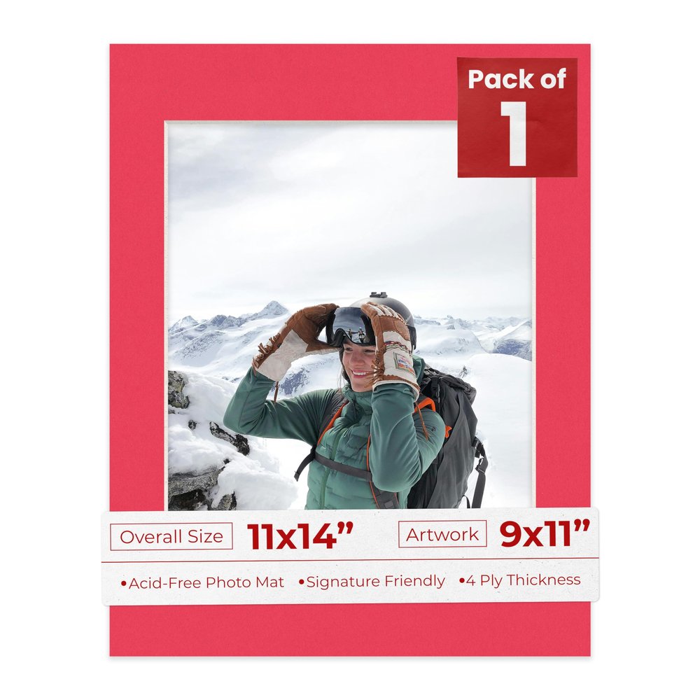11x14 Mat Bevel Cut for 9x11 Photos - Acid Free Cardinal Red Precut Matboard With Backing Board and Crystal Clear, Self Seal Photo Mat Bag - For Pictures, Photos, Framing - 4-ply Thickness