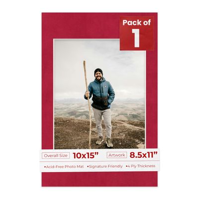 10x15 Mat Bevel Cut for 8.5x11 Photos - Acid Free Bright Red Suede Precut Matboard With Backing Board and Crystal Clear, Self Seal Photo Mat Bag - For Pictures, Photos, Framing - 4-ply Thickness