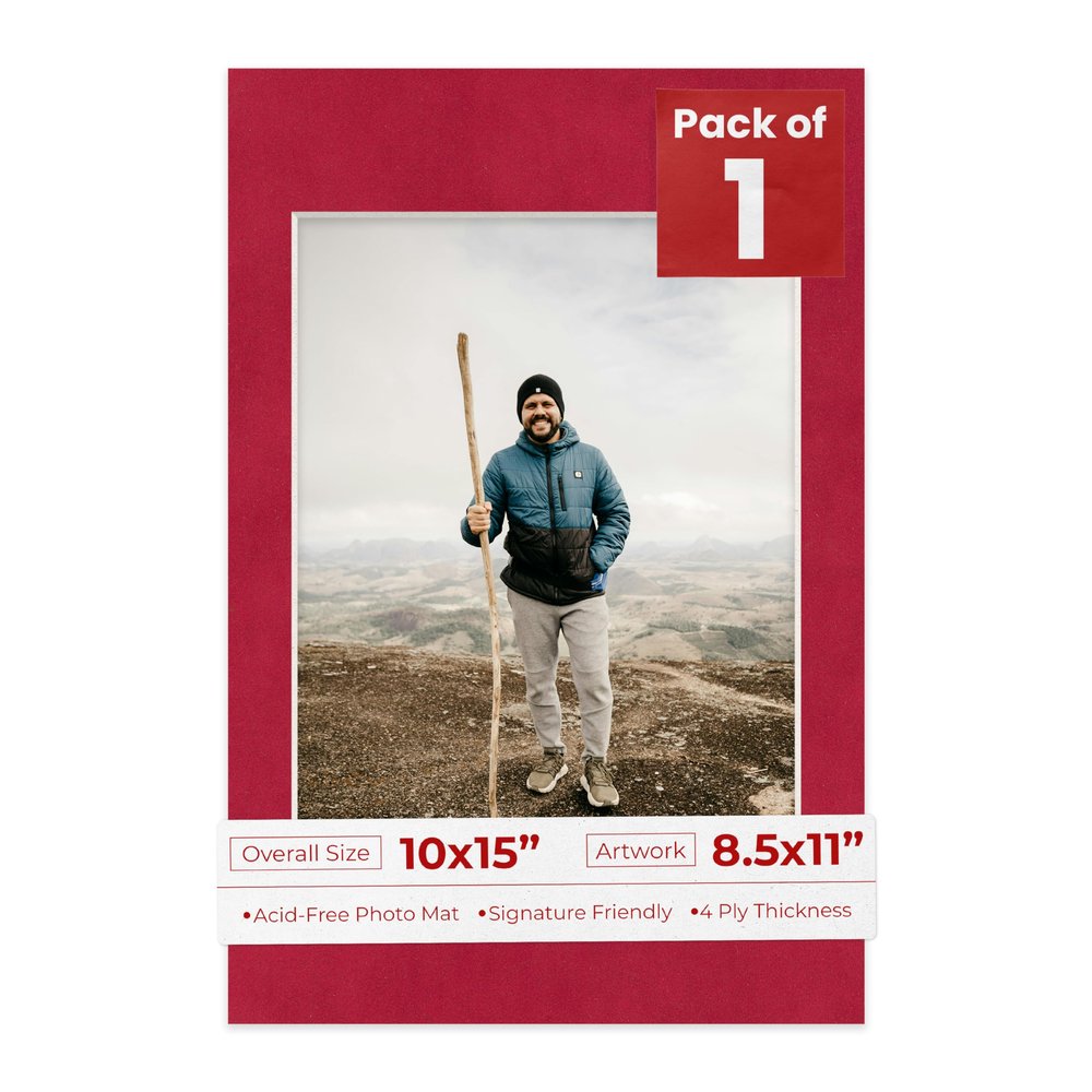 10x15 Mat Bevel Cut for 8.5x11 Photos - Acid Free Bright Red Suede Precut Matboard With Backing Board and Crystal Clear, Self Seal Photo Mat Bag - For Pictures, Photos, Framing - 4-ply Thickness
