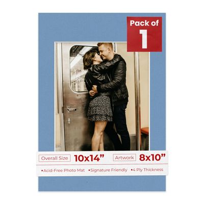10x14 Mat Bevel Cut for 8x10 Photos - Acid Free Brittany Blue Precut Matboard With Backing Board and Crystal Clear, Self Seal Photo Mat Bag - For Pictures, Photos, Framing - 4-ply Thickness