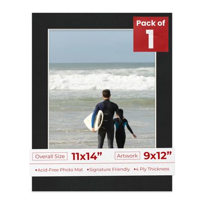 11x14 Mat Bevel Cut for 9x12 Photos - Acid Free Black Suede Precut Matboard With Backing Board and Crystal Clear, Self Seal Photo Mat Bag - For Pictures, Photos, Framing - 4-ply Thickness