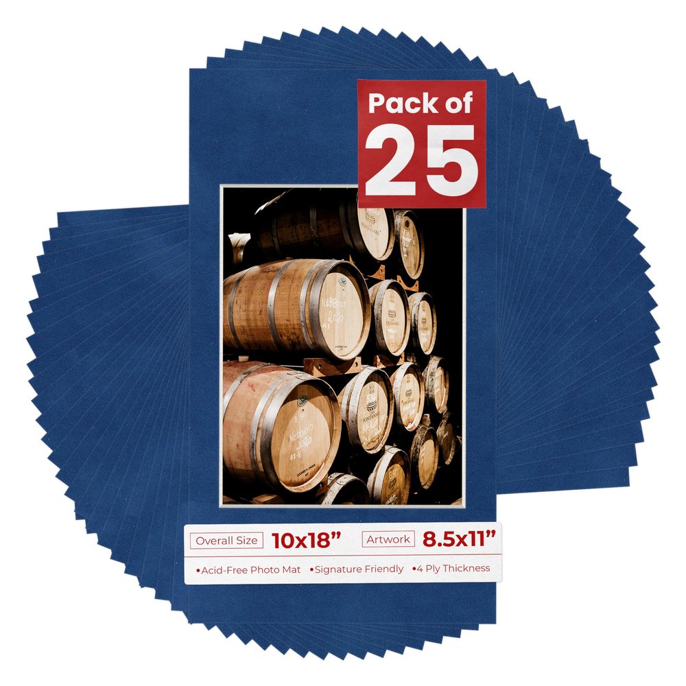 Pack of 25 Acid Free 10x18 Mats Bevel Cut for 8.5x11 Photos - Brooke Blue Suede Precut Matboards With Backing Boards and Clear Photo Mat Bags For Pictures, Photos, Framing - 4-ply Thickness