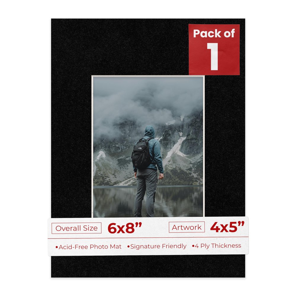 6x8 Mat Bevel Cut for 4x5 Photos - Acid Free Black with Black Core Precut Matboard With Backing Board and Crystal Clear, Self Seal Photo Mat Bag - For Pictures, Photos, Framing - 4-ply Thickness