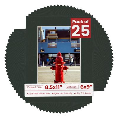 Poster Palooza Pack of 25 Acid Free 8.5x11 Mats Bevel Cut for 6x9 Photos - Textured Black Precut Matboards With Backing Boards and Clear Photo Mat Bags For Pictures, Photos, Framing - 4-ply Thickness