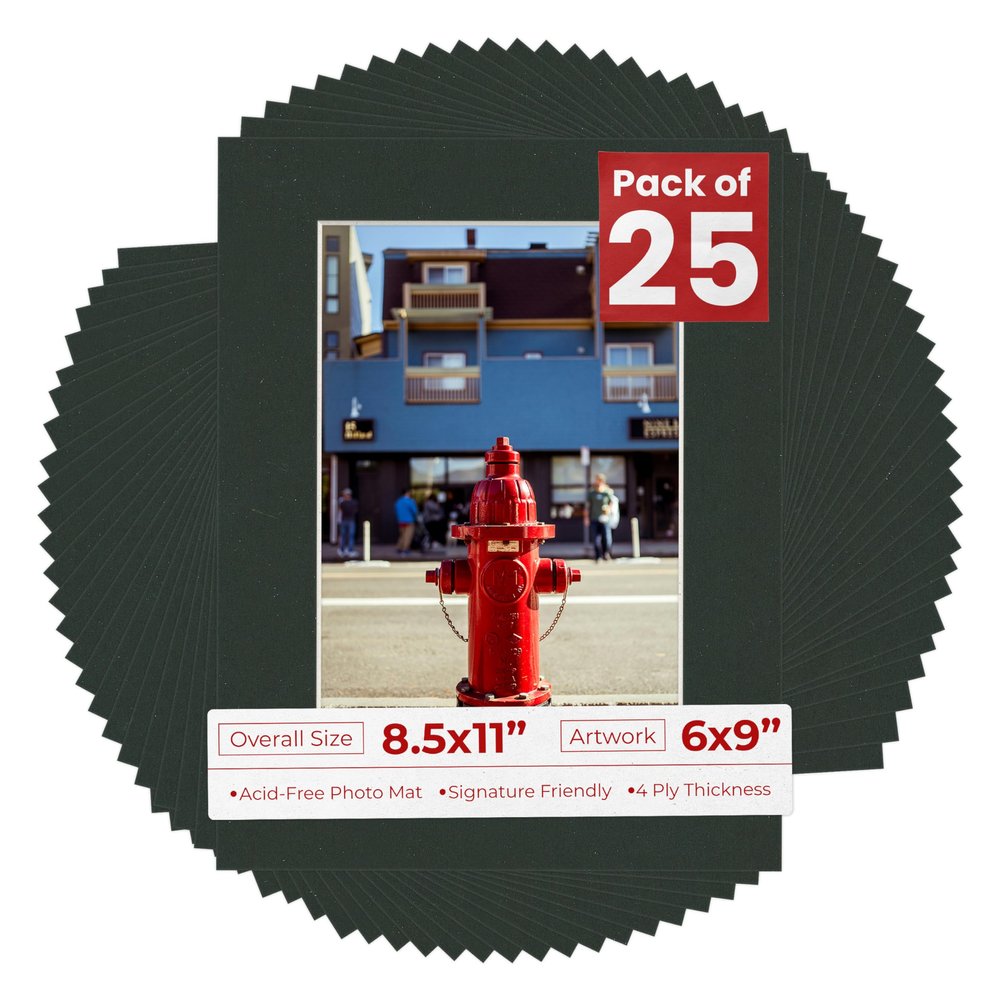 Poster Palooza Pack of 25 Acid Free 8.5x11 Mats Bevel Cut for 6x9 Photos - Textured Black Precut Matboards With Backing Boards and Clear Photo Mat Bags For Pictures, Photos, Framing - 4-ply Thickness