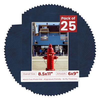 Poster Palooza Pack of 25 Acid Free 8.5x11 Mats Bevel Cut for 6x9 Photos - Navy Suede Precut Matboards For Pictures, Photos, Framing - 4-ply Thickness