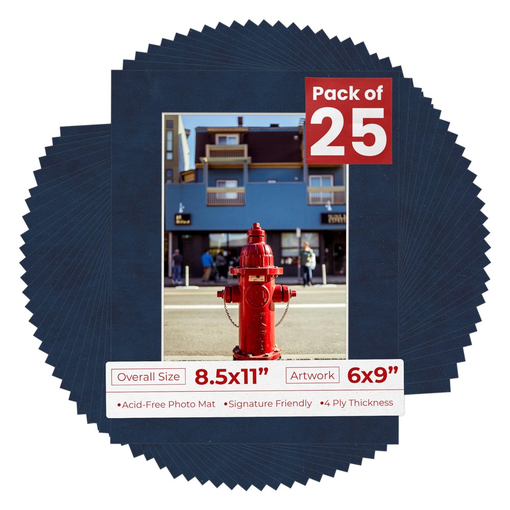 Poster Palooza Pack of 25 Acid Free 8.5x11 Mats Bevel Cut for 6x9 Photos - Navy Suede Precut Matboards For Pictures, Photos, Framing - 4-ply Thickness