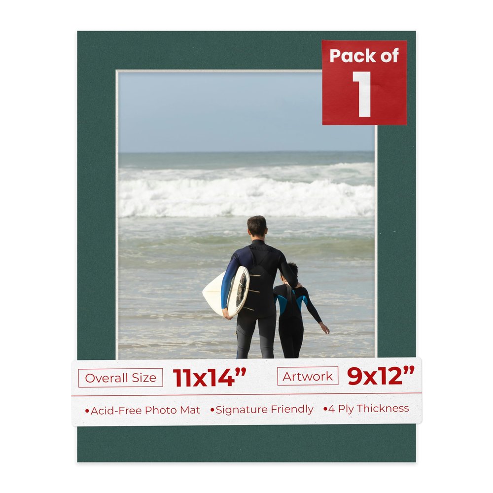 11x14 Mat Bevel Cut for 9x12 Photos - Acid Free Forest Green Precut Matboard With Backing Board and Crystal Clear, Self Seal Photo Mat Bag - For Pictures, Photos, Framing - 4-ply Thickness