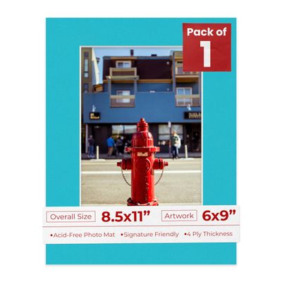 8.5x11 Mat Bevel Cut for 6x9 Photos - Acid Free Aquamarine Blue Precut Matboard With Backing Board and Crystal Clear, Self Seal Photo Mat Bag - For Pictures, Photos, Framing - 4-ply Thickness