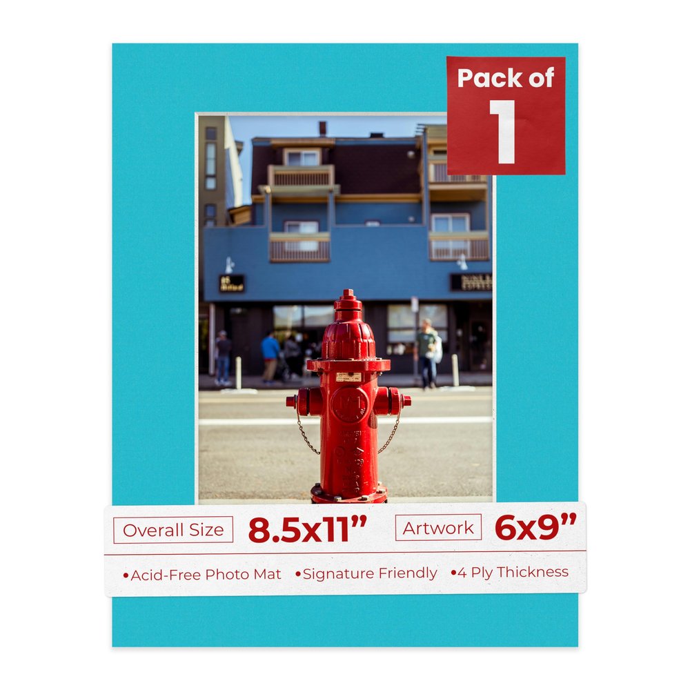 8.5x11 Mat Bevel Cut for 6x9 Photos - Acid Free Aquamarine Blue Precut Matboard With Backing Board and Crystal Clear, Self Seal Photo Mat Bag - For Pictures, Photos, Framing - 4-ply Thickness