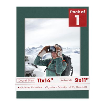 11x14 Mat Bevel Cut for 9x11 Photos - Acid Free Forest Green Precut Matboard With Backing Board and Crystal Clear, Self Seal Photo Mat Bag - For Pictures, Photos, Framing - 4-ply Thickness