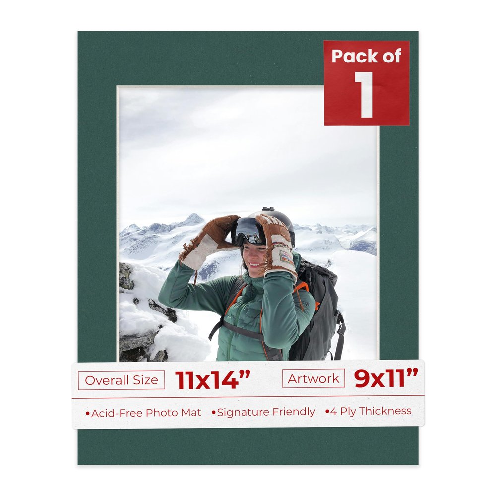 11x14 Mat Bevel Cut for 9x11 Photos - Acid Free Forest Green Precut Matboard With Backing Board and Crystal Clear, Self Seal Photo Mat Bag - For Pictures, Photos, Framing - 4-ply Thickness
